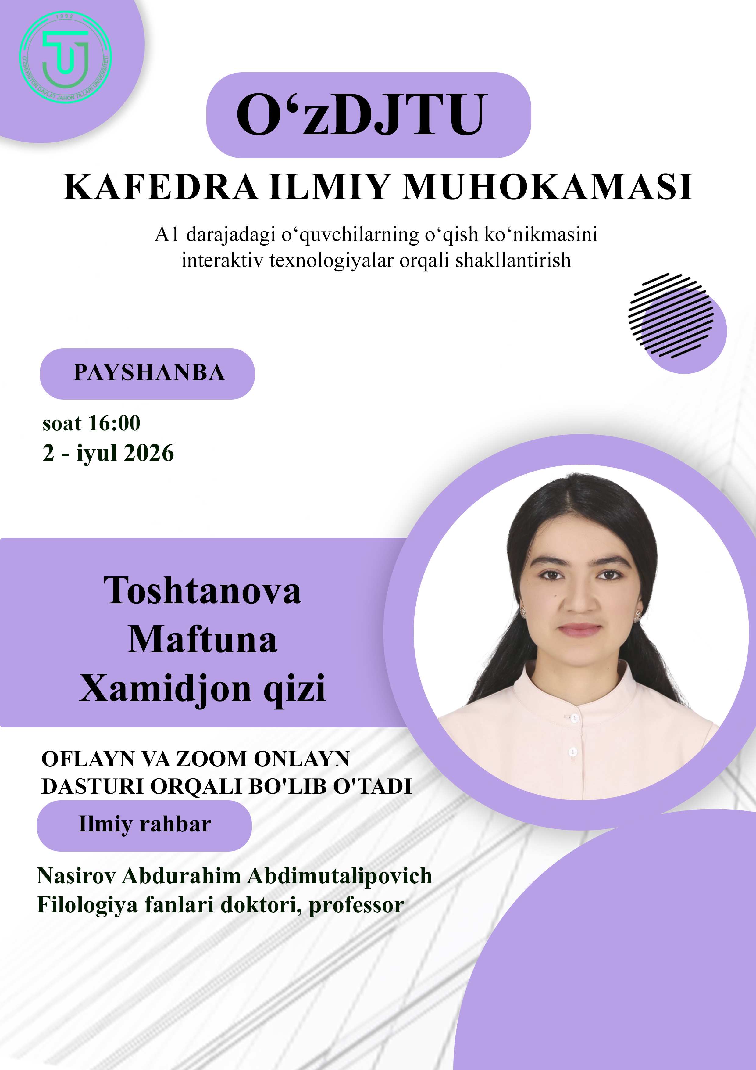 Dissertatsiya ishining Kengaytirilgan kafedra ilmiy muhokamasi 