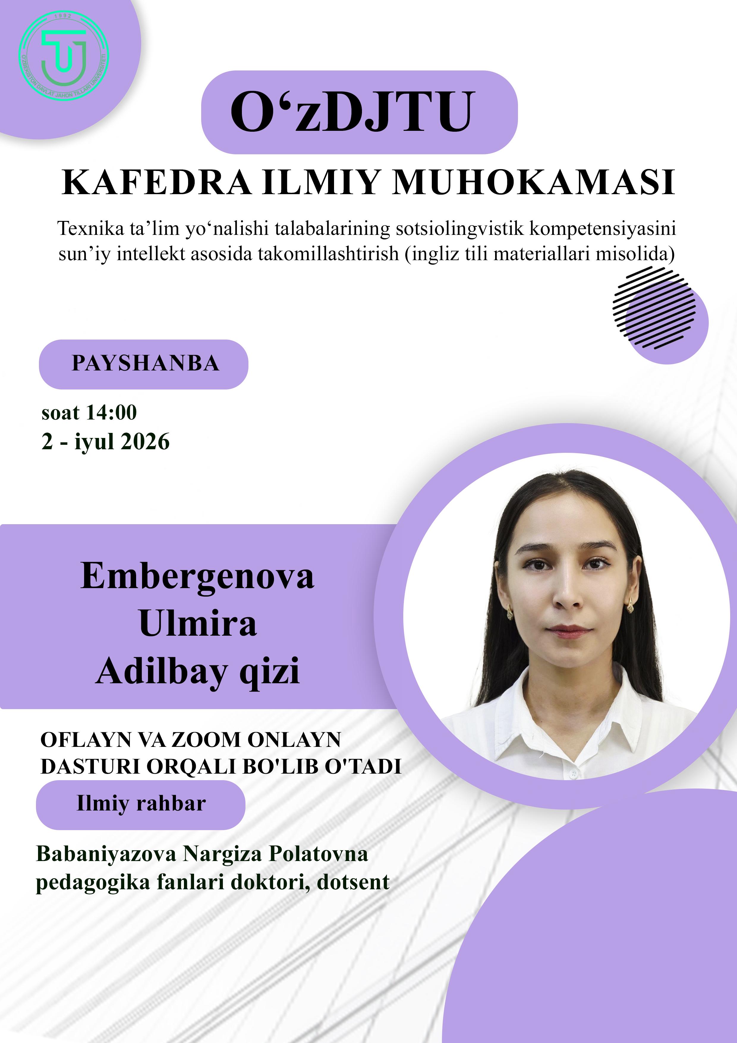 Dissertatsiya ishining Kengaytirilgan kafedra ilmiy muhokamasi 